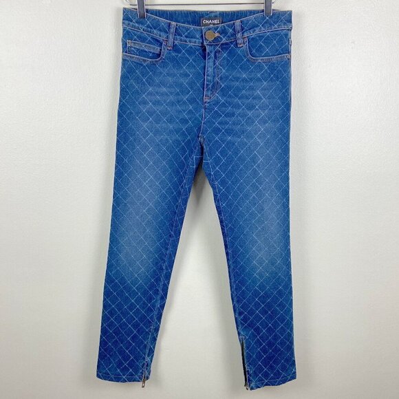 CHANEL | 2017 Spring Skinny Blue Jeans White All Over Diamond Print 40 - Picture 1 of 11